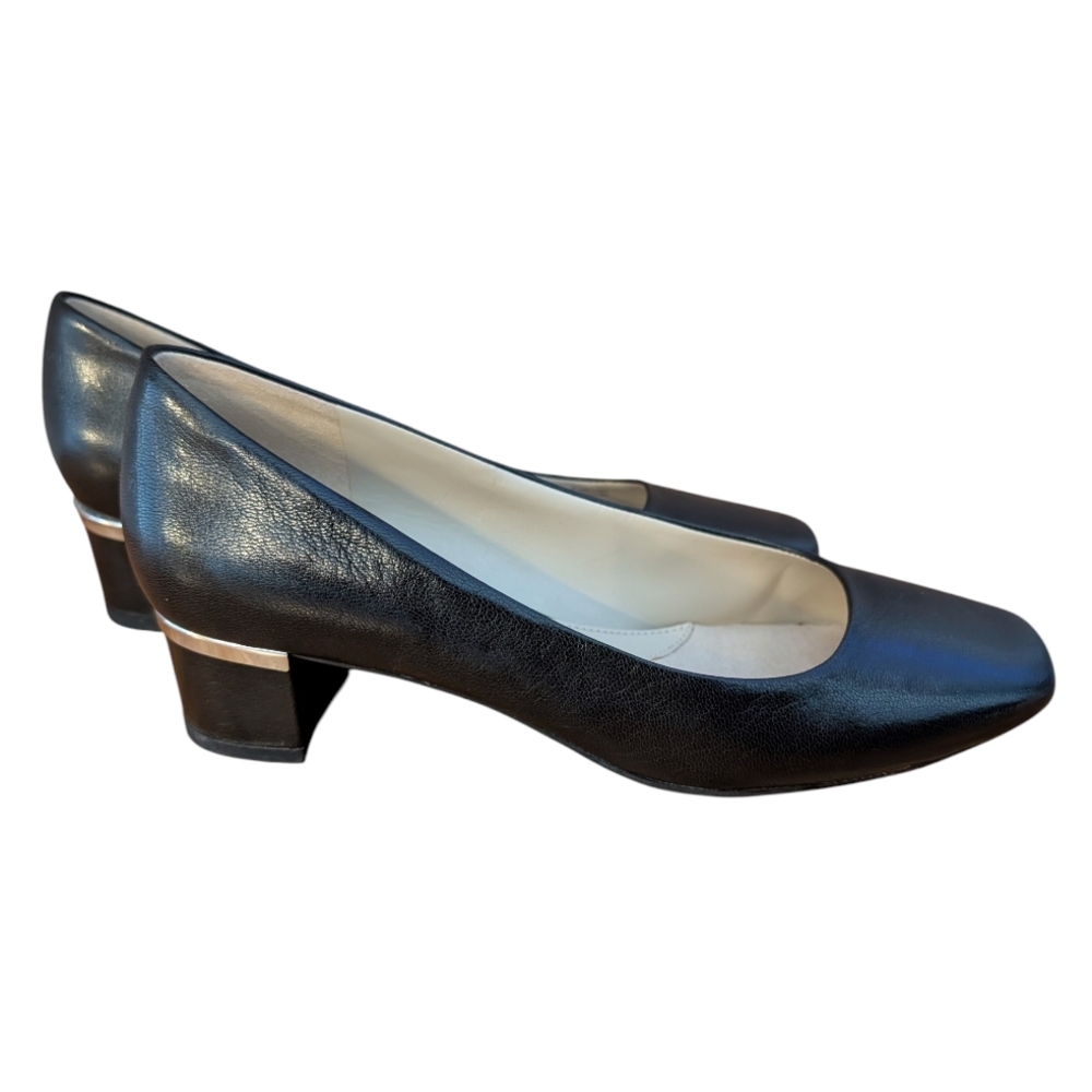 AND Black Leather Low Block Heel Pumps with Silver Accent